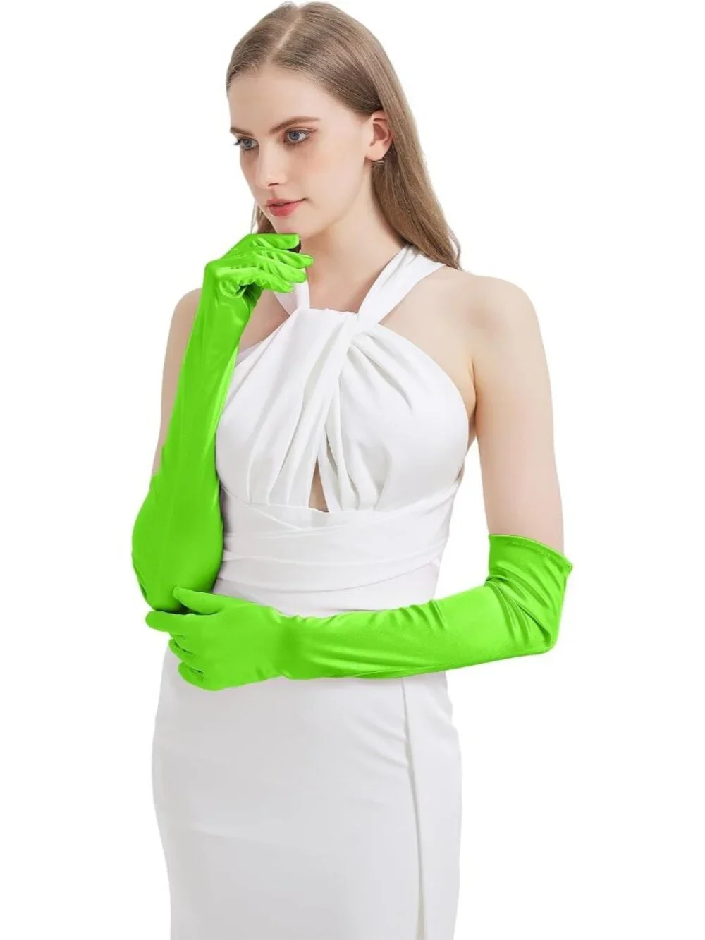 Women's Neon Green Satin Opera Elbow Length 1920s Flapper Long Gloves Party